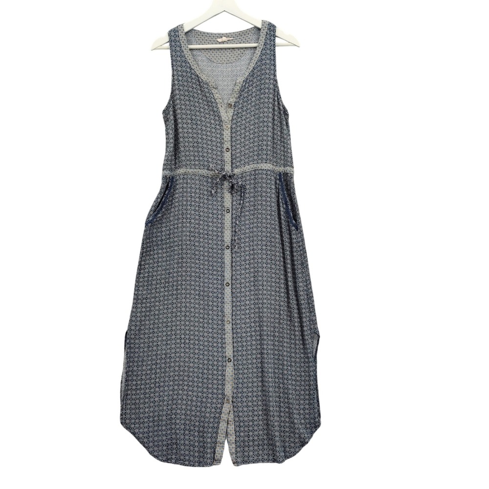 Mystree Womens Hippie Cottage Peasant Button Front Maxi Dress M Blue Geometric